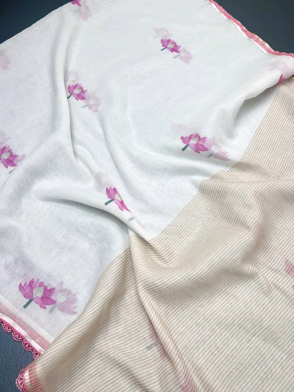 White Lenin Saree with Purple Lotus Motifs and Crochet Border 6