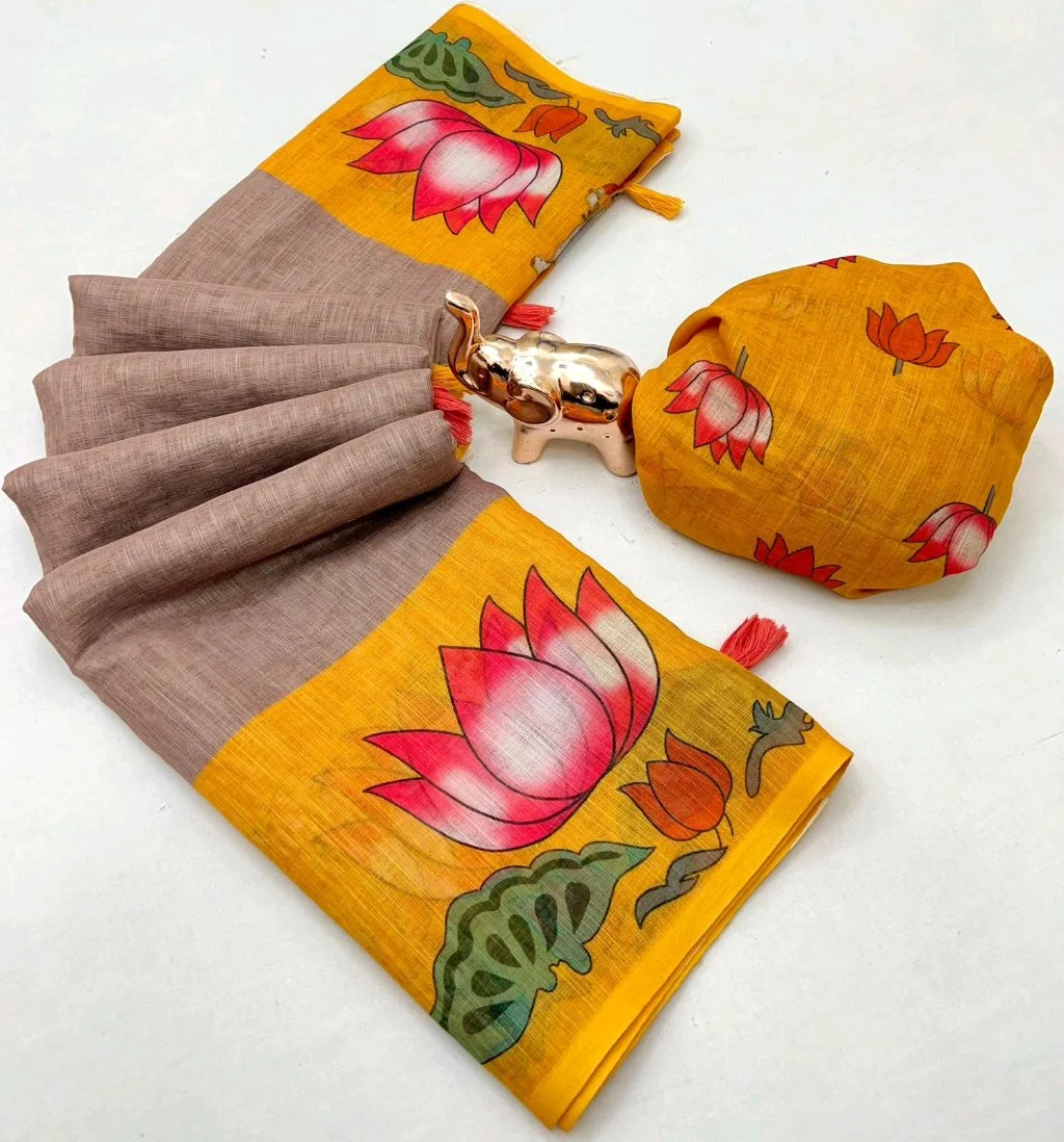 Abha Linen Saree with Elephant Digital Print 2