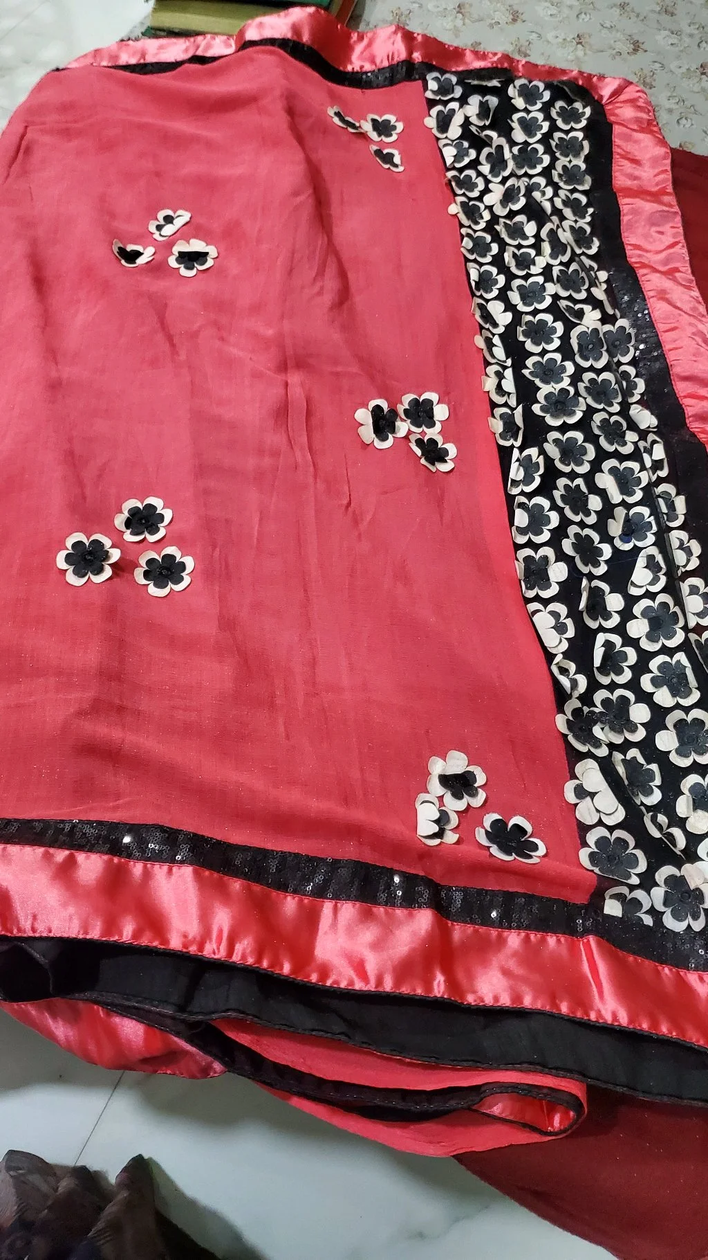 Coral Pink Saree with 3D Floral Applique and Sequin Border thumbnail 4