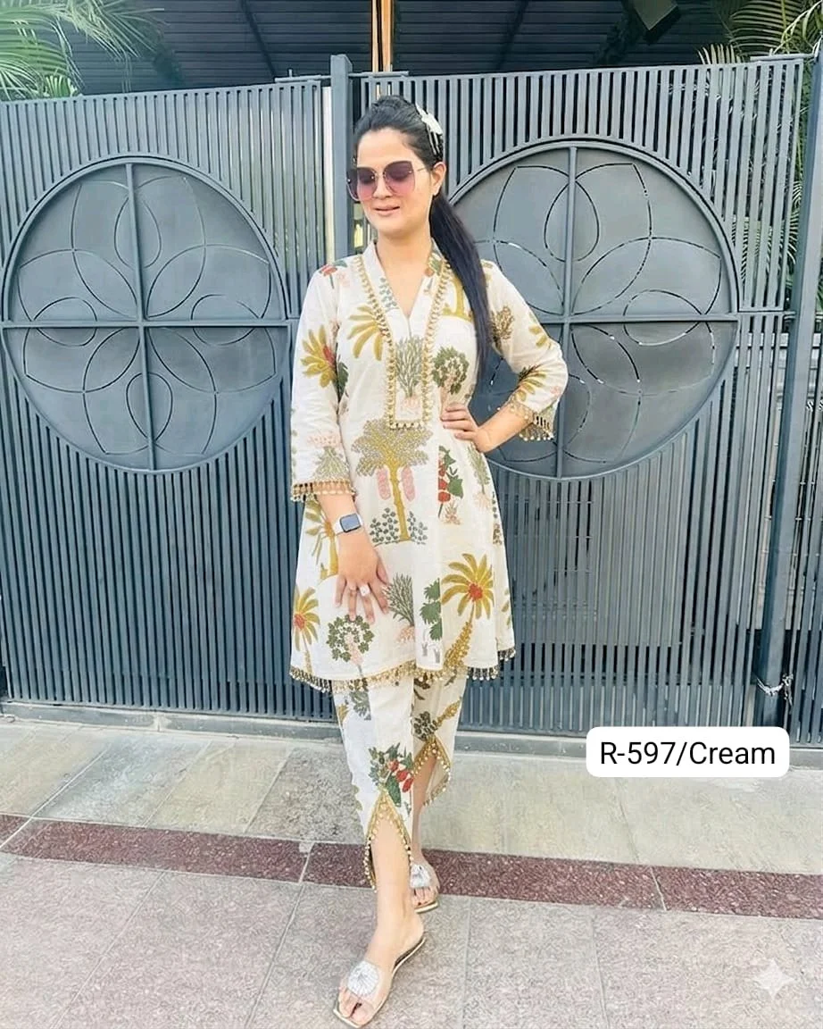 Code-R-597 FBRTulip Pants Set Highlights:• Premium pure cotton fabric• Eye-catching screen print design• Elegant gher-style kurti• Trendy tulip pants with lace finish• Designer latkan detailing on sleeves neckline hem and tulip pants• Perfect for festive, casual & day outingsColours-Orange,Yellow,Cream,Black,Blue,Red,Green,magentaQuality assured 100%Sizes-(34-44)(XS-XXL)plus sizes starts from 46-60 with extra chargePrice-1350 free shipPlus size chart and prices attached46/48-100 extra50/52-150 extra54/56-200 extra58/60-250 extraKeep shopping Keep selling 7