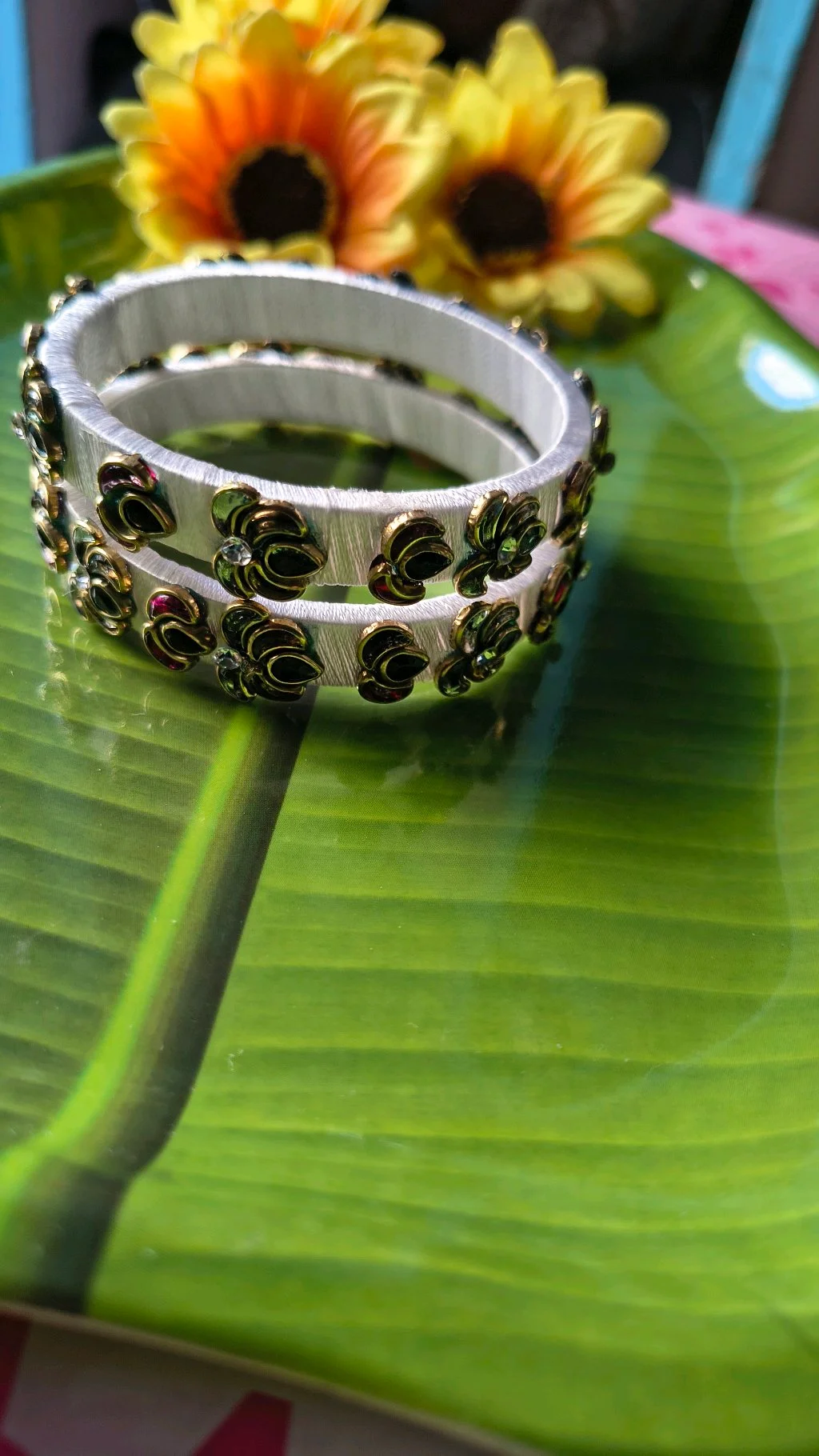 White Silk Thread Bangles with Floral Kundan Embellishments thumbnail 3
