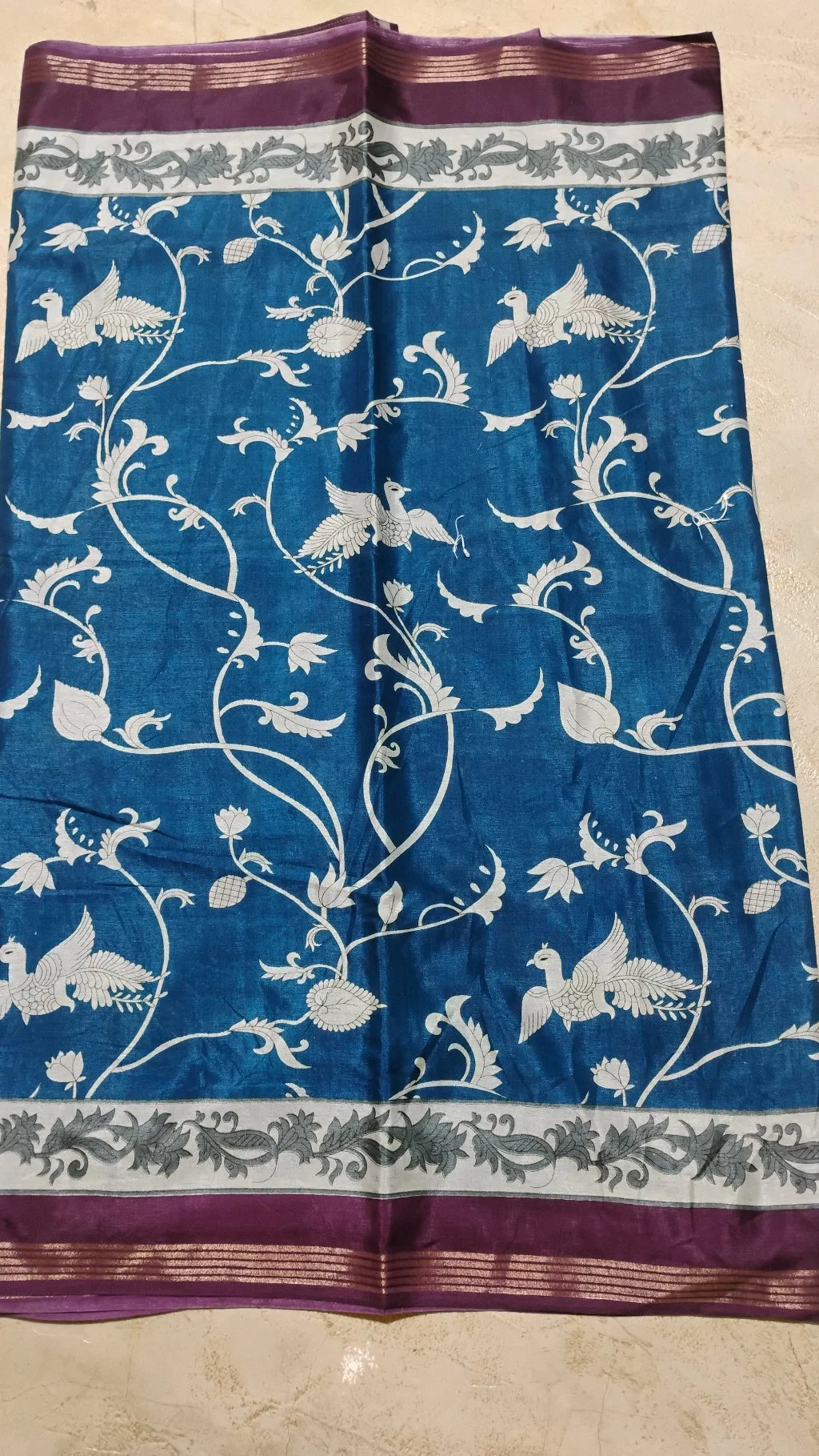 Maheshwari Silk Sarees,Blue Floral Print Silk Saree with Purple Border thumbnail 2