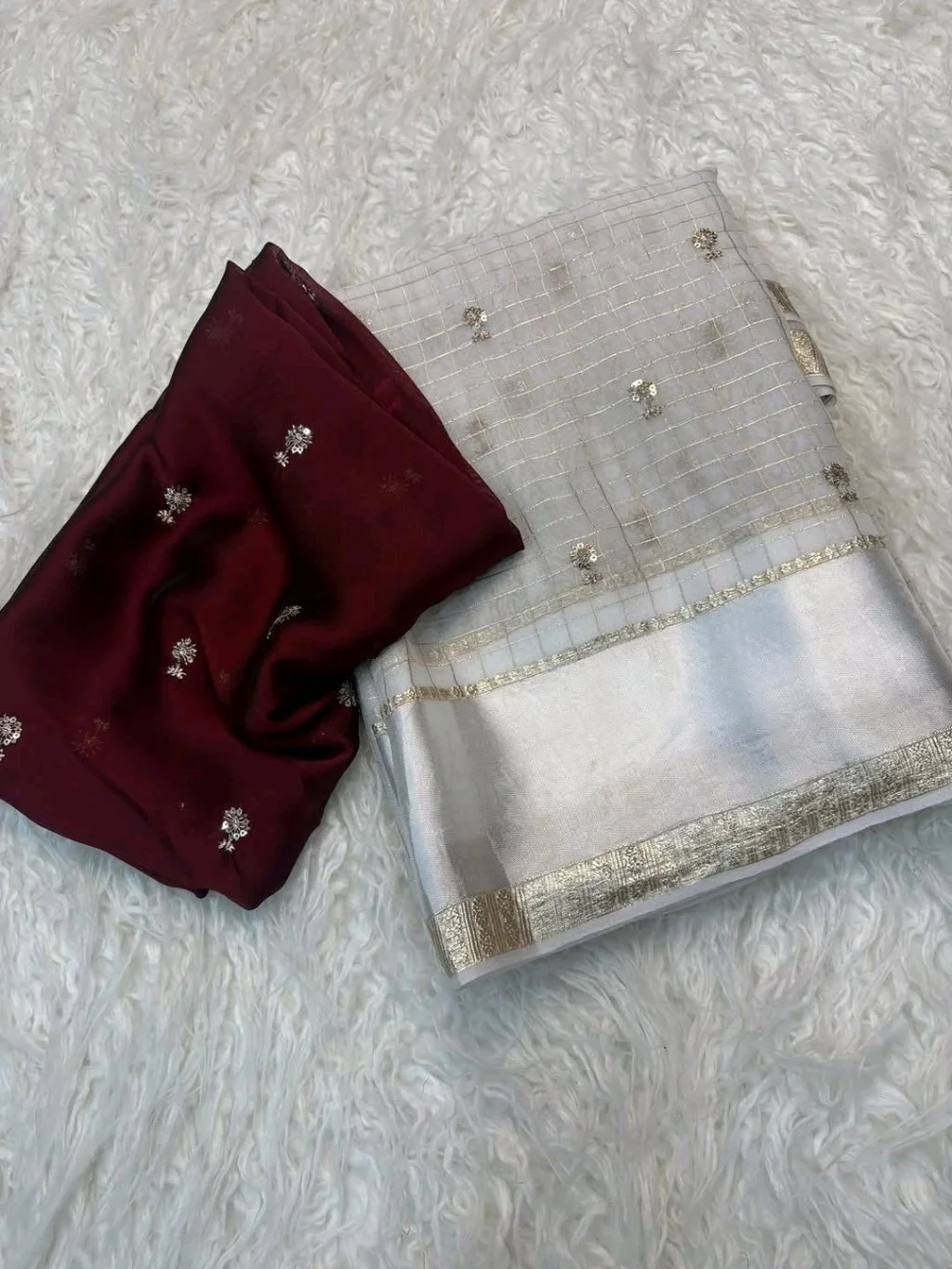 White Organza Saree with Silver Zari Checks and Maroon Blouse 1