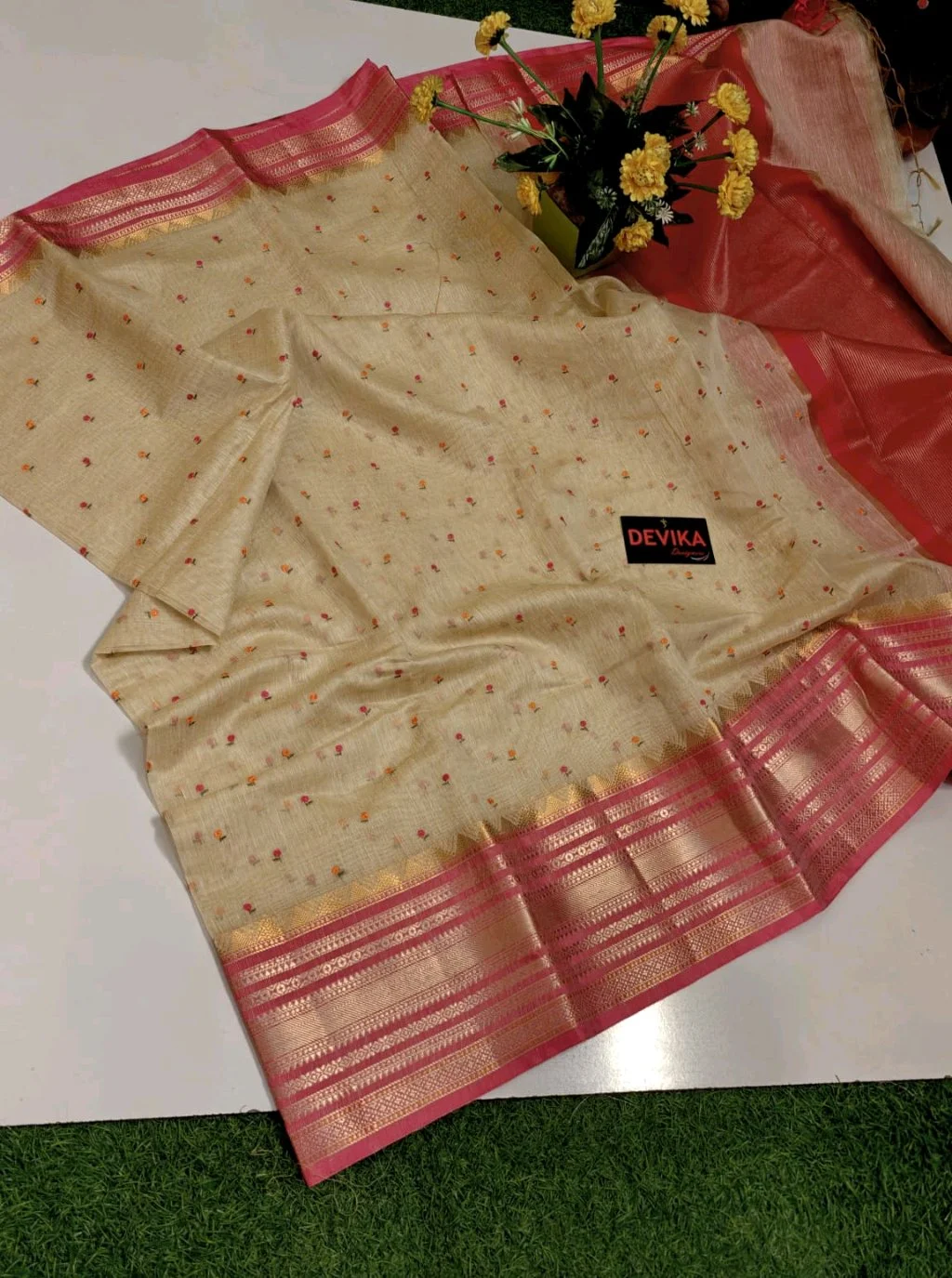 Beige Silk Blend Saree with Pink Zari Border and Floral Motifs thumbnail 8