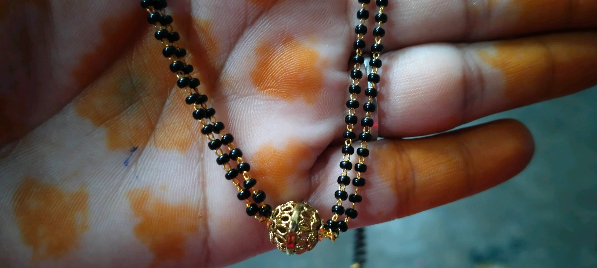 Gold Plated Double Strand Black Bead Mangalsutra with Filigree Pendant
