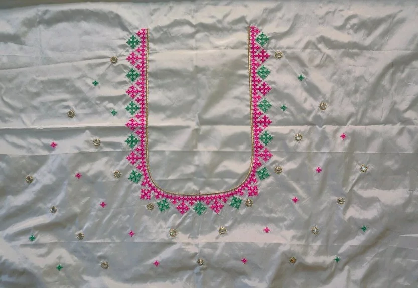 Off White Computer Embroidery Blouse Piece with Pink Green Mirror Work 4