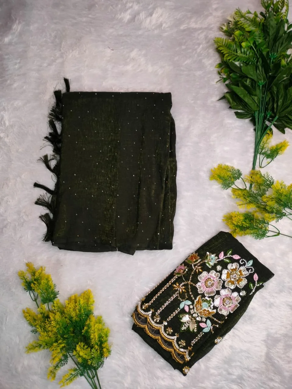 Two Dark Green Embroidered Saree Set with Unstitched Blouse 1