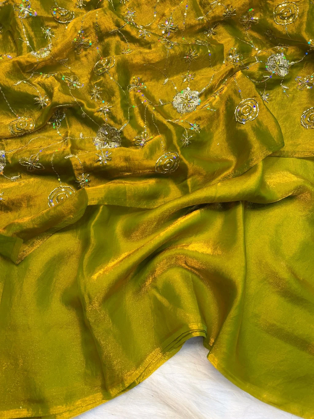 Two Tone Space Silk Saree with Gold Sequin Embroidery 5