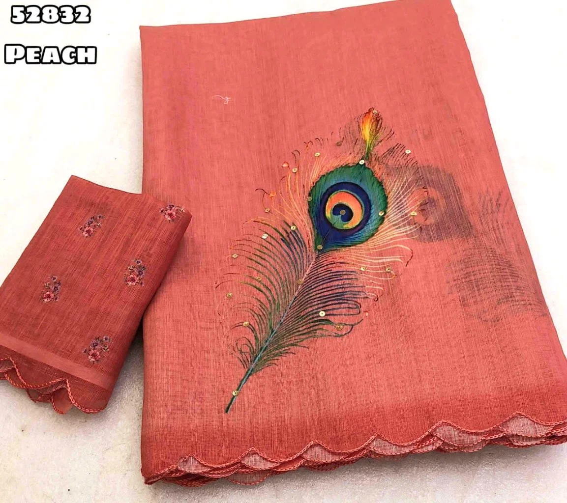 Soft Lenin With Peacock Feather Embroidered Saree with Floral Blouse thumbnail 3