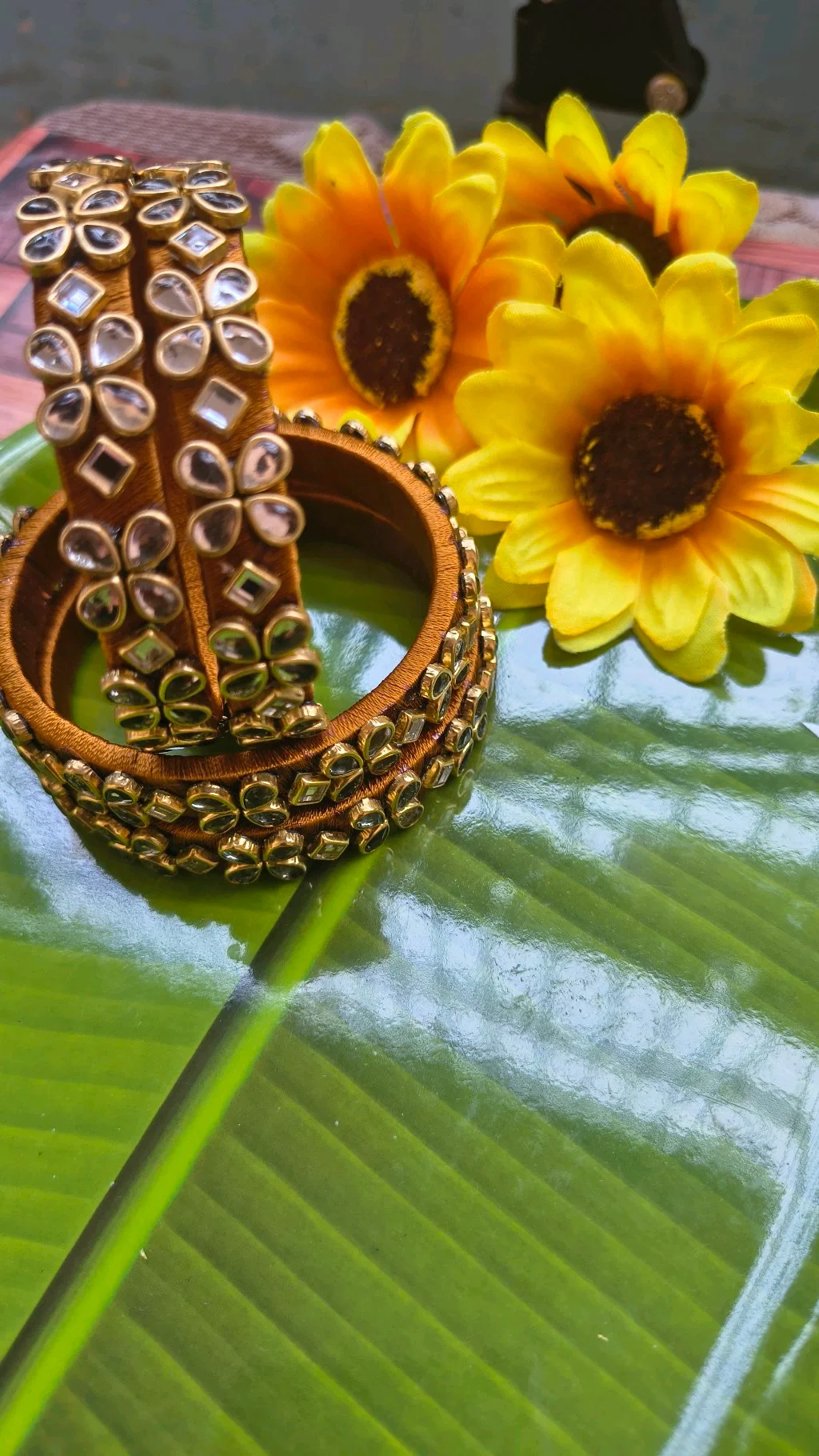 Golden Brown Silk Thread Bangles with Kundan Stone Work thumbnail 2