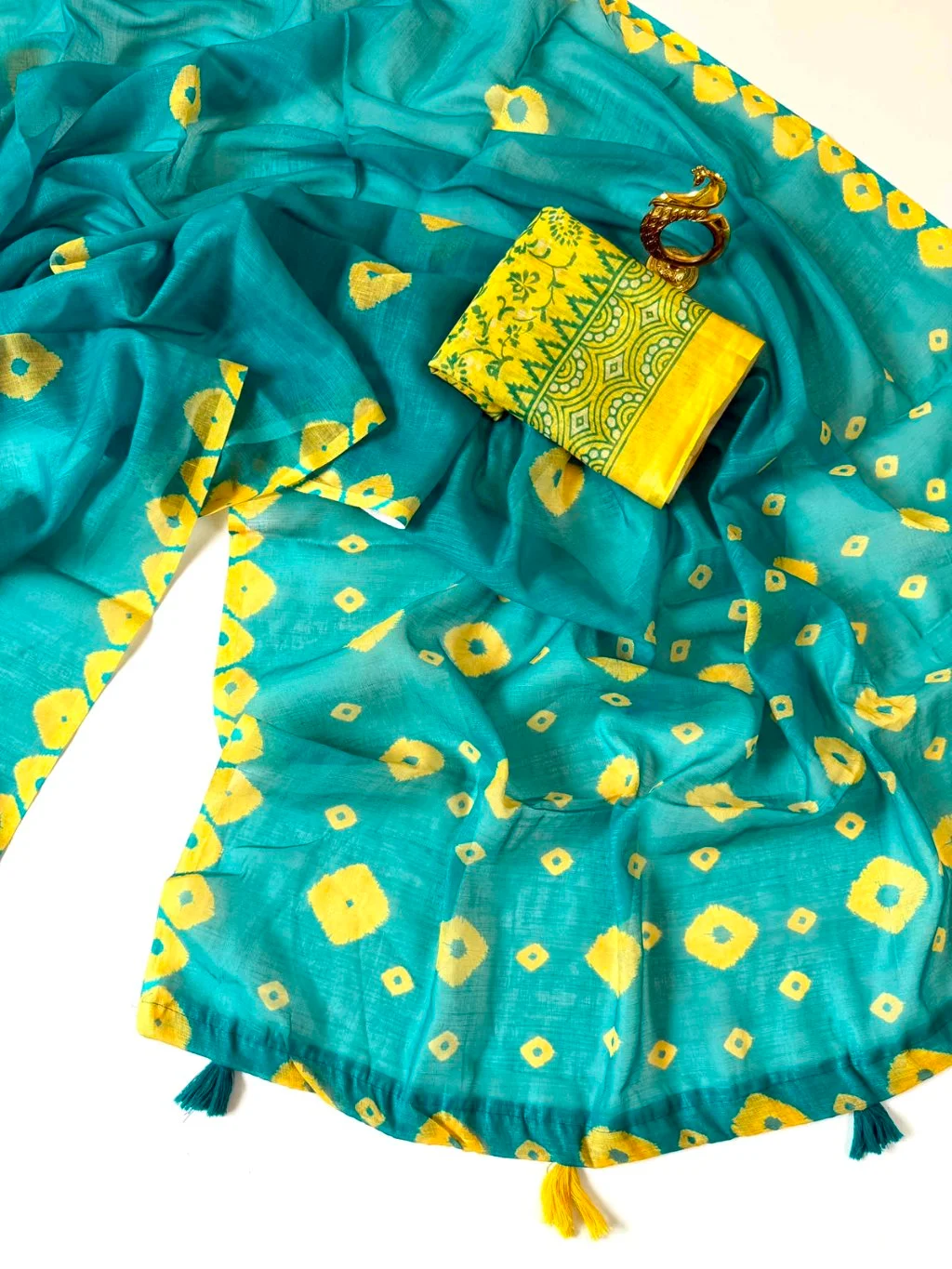 Teal Blue Cotton Saree with Yellow Bandhani Print thumbnail 3