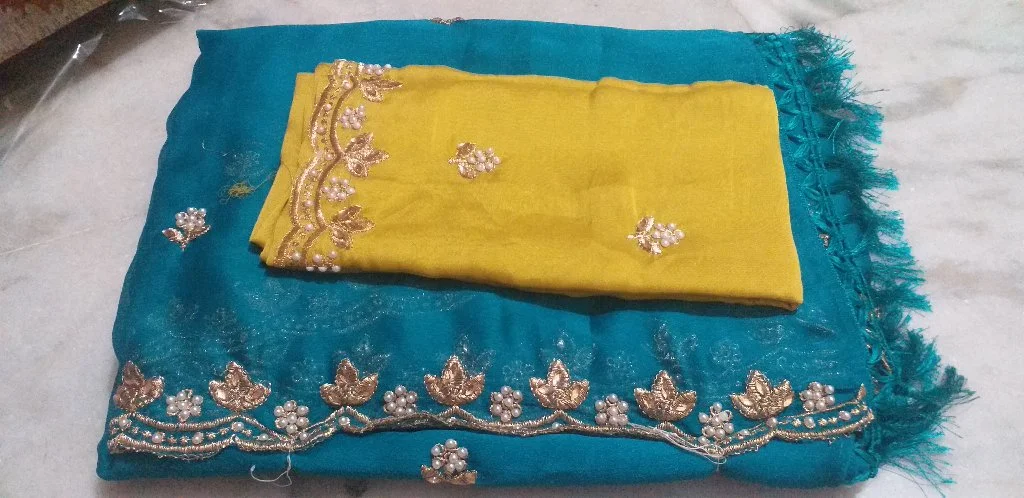 Teal Saree with Yellow Blouse and Pearl Zari Work