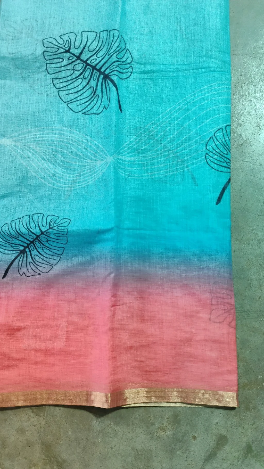 Aqua Blue Ombre Linen Saree with Leaf Print thumbnail 3