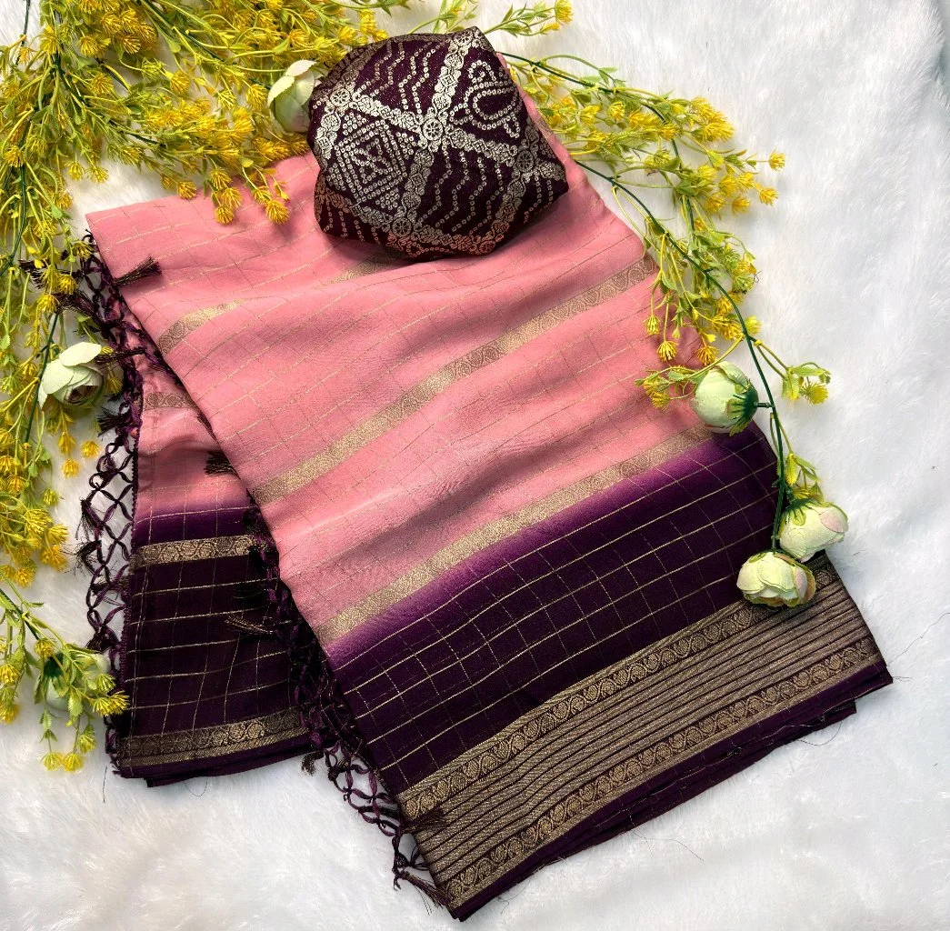 Viscose Chunon Saree with Gold Zari Border and Bandhani Blouse 5