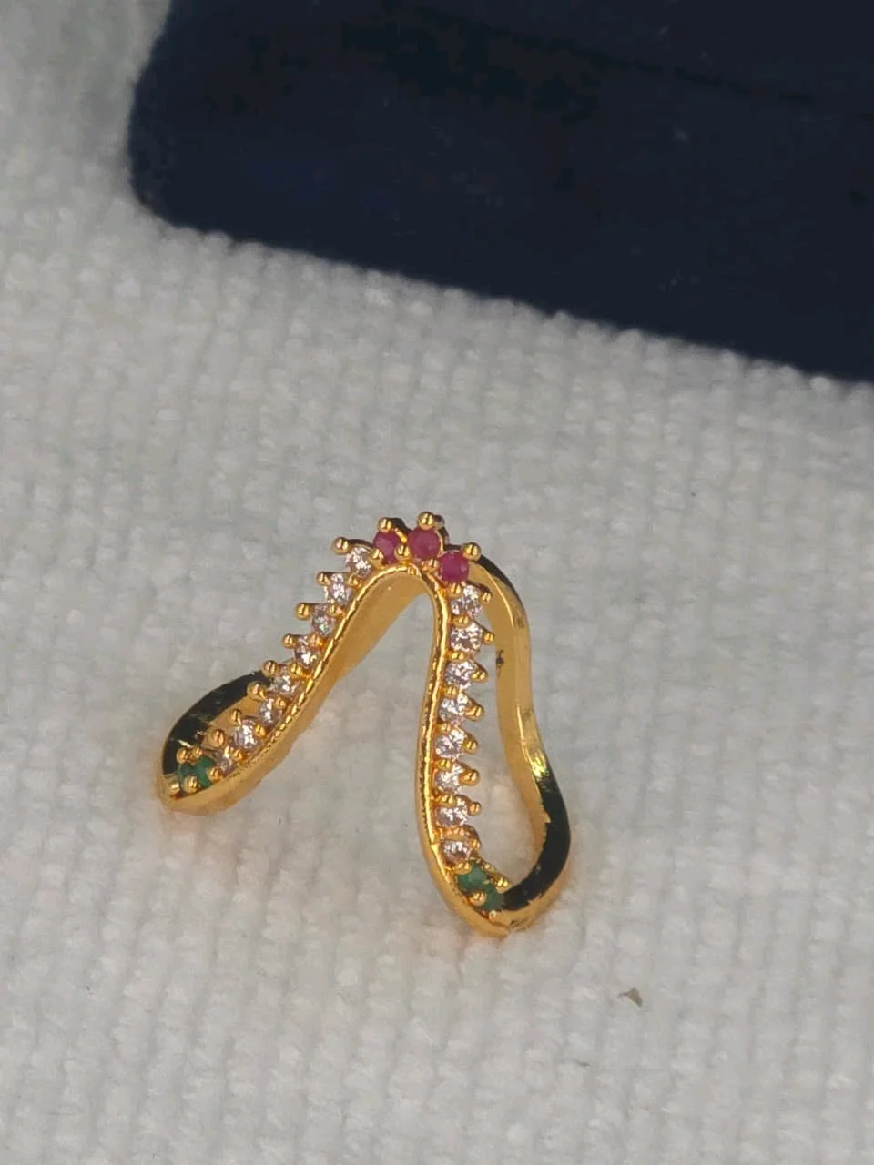 Gold Plated Wavy Ring with Ruby Emerald and White Stones thumbnail 2