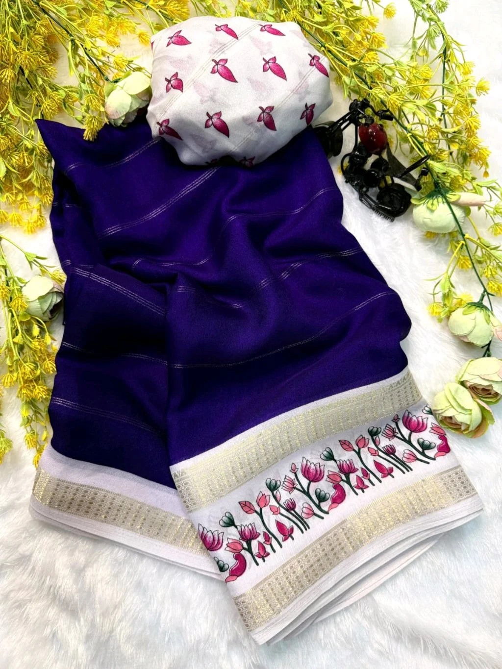 Soft Georgette Saree with Floral Printed Border and Blouse 3