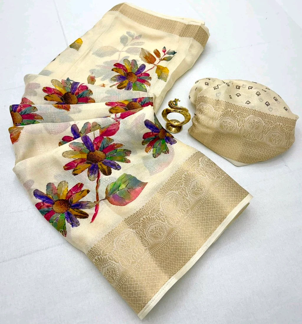 Marshmellow  Floral Print Saree with Zari Border 1