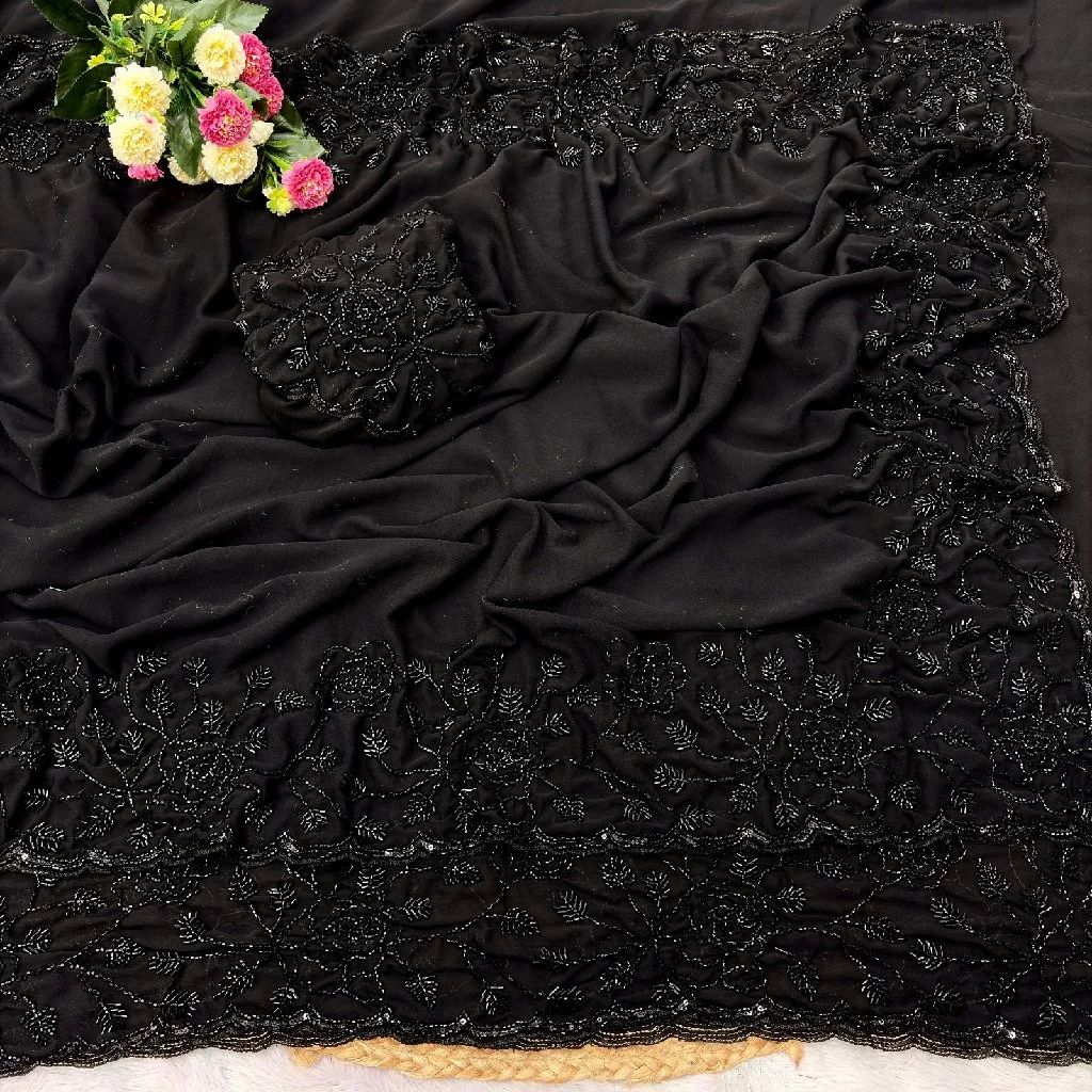 Black Embroidered Georgette Saree thumbnail 2