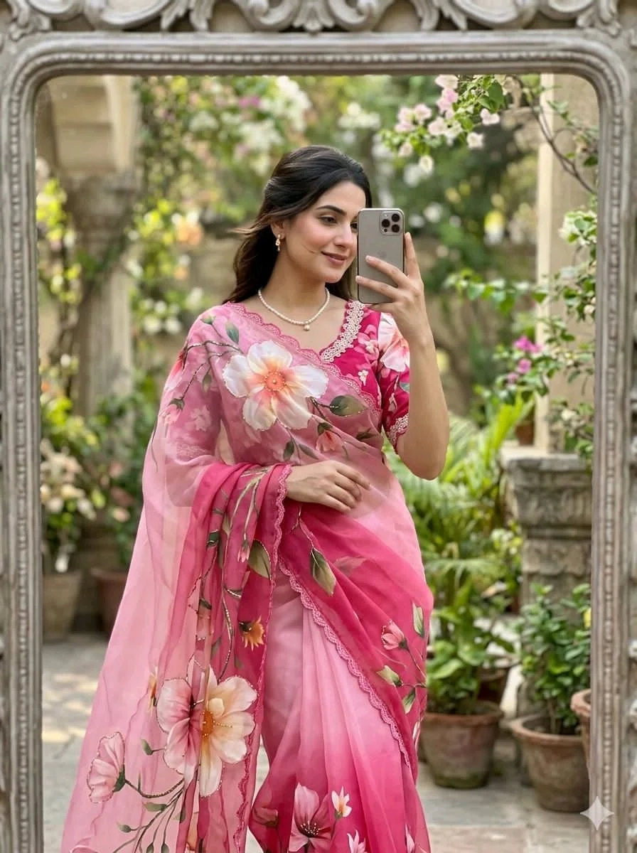 Chiffon  Floral Butterfly Print Saree with Scalloped Border 5