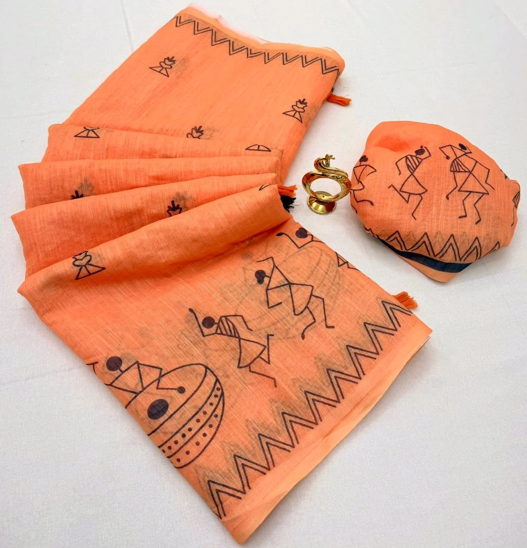 Peach Warli Art Print Saree 1