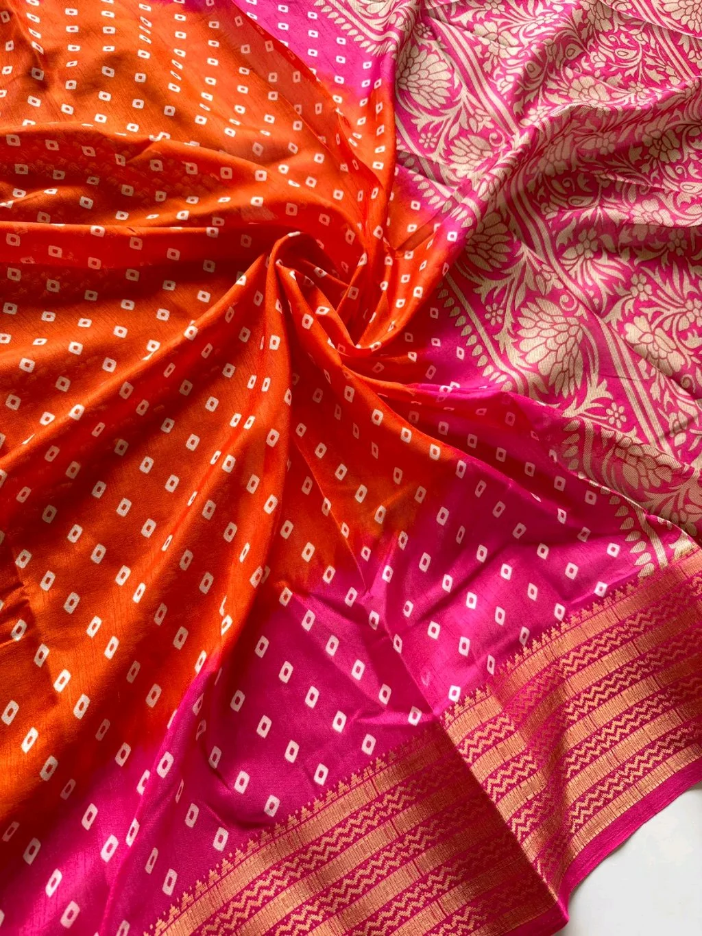 Orange and Pink Bandhani Silk Saree with Zari Border thumbnail 5