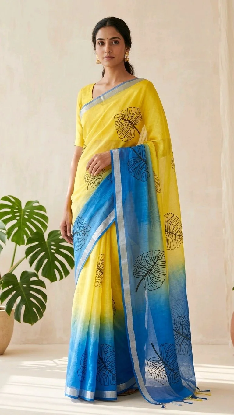 Yellow Blue Ombre Linen Saree with Leaf Print thumbnail 1