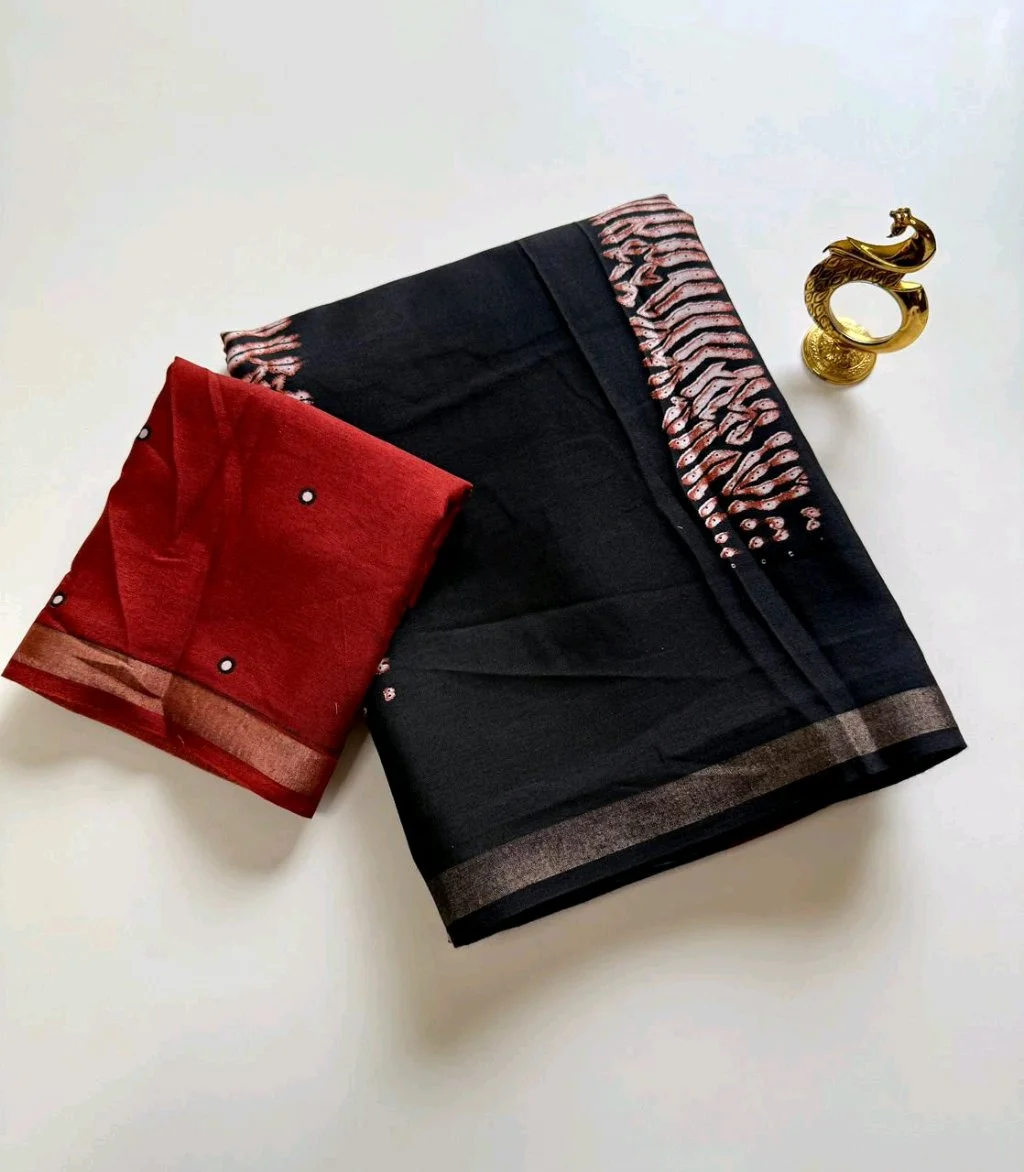 Mul Cotton Saree with Block Print Border and Matching Blouse thumbnail 3
