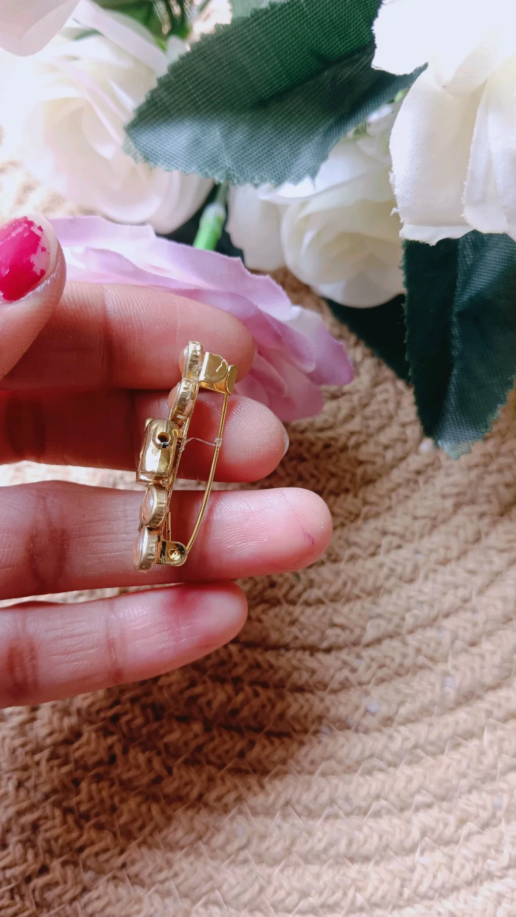 Gold Tone Elephant Saree Brooch Pin with Pink Stones thumbnail 3