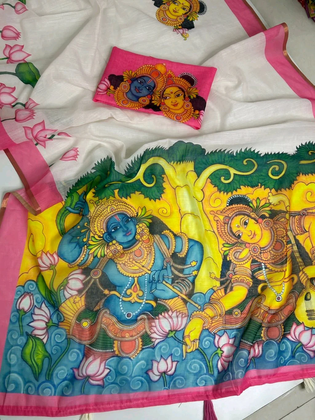 Handpainted Linen Saree with Lotus Design and Mural Art Blouse 6