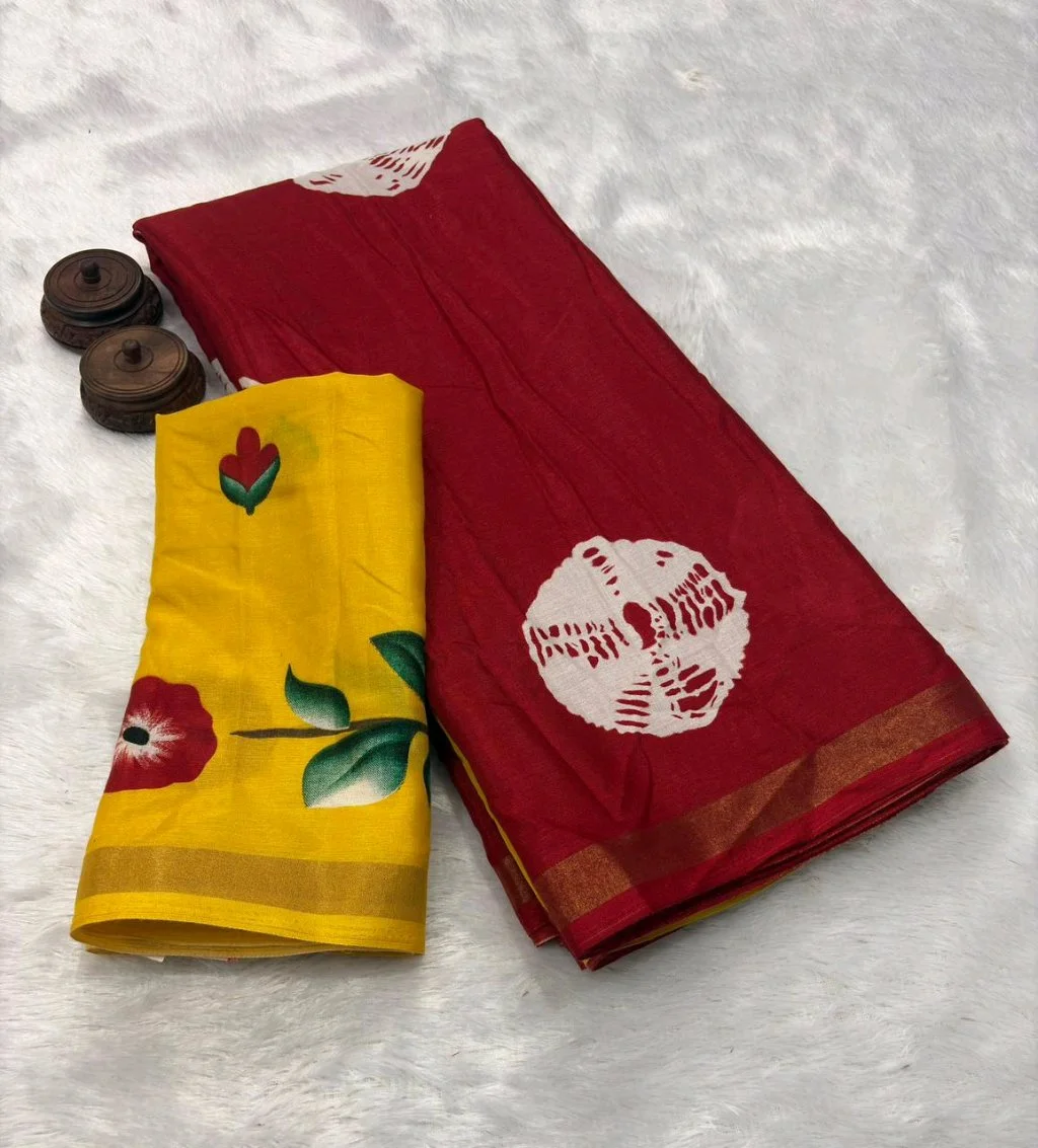 Mul Mul Cotton  Saree with Handpainted Floral Blouse Piece 2