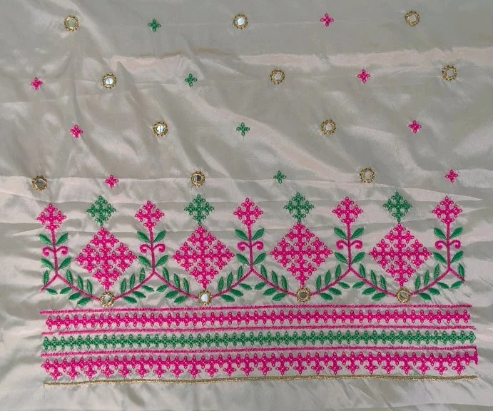 Off White Computer Embroidery Blouse Piece with Pink Green Mirror Work 2