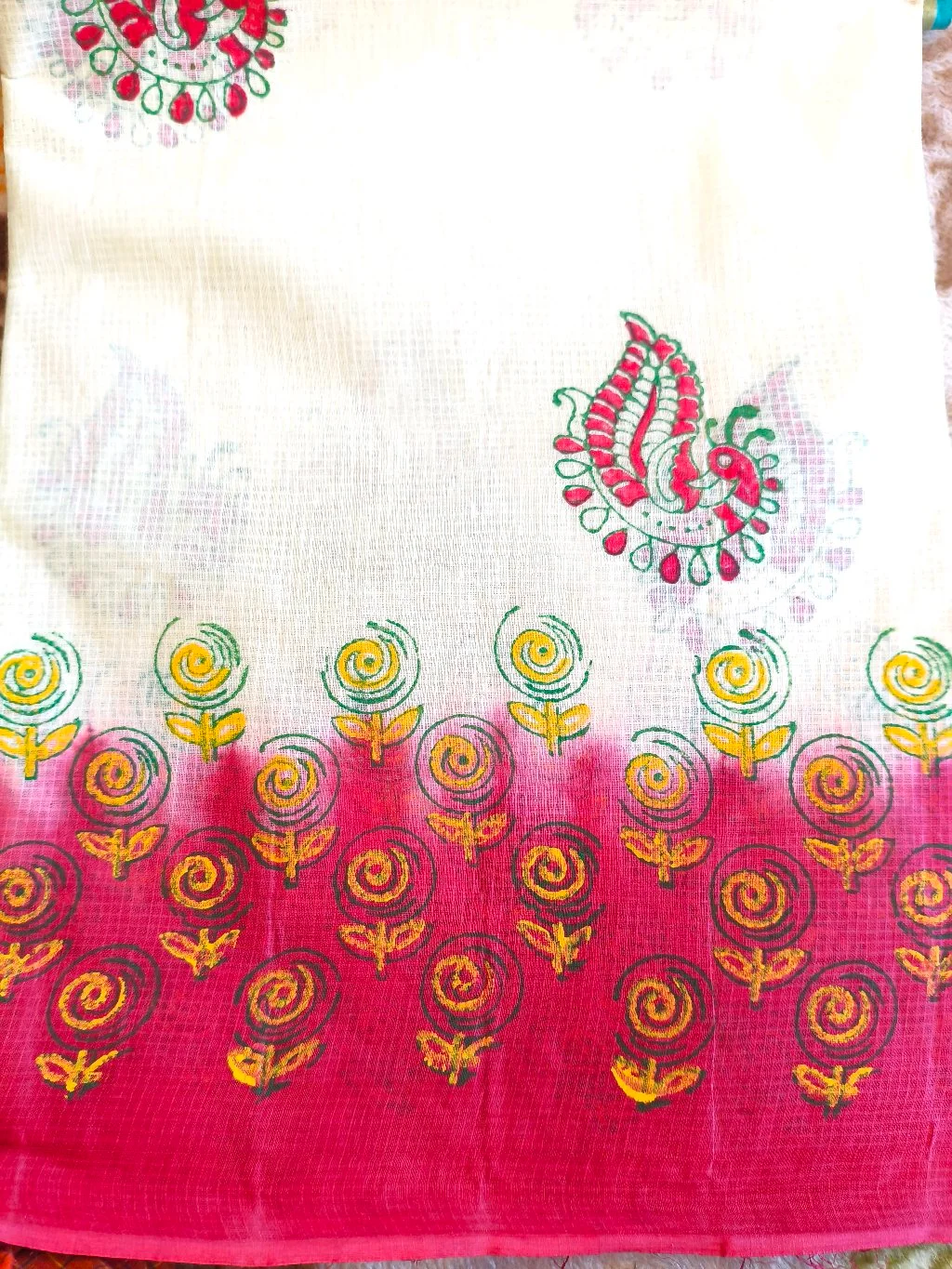 White and Pink Floral Peacock Cotton Saree 2