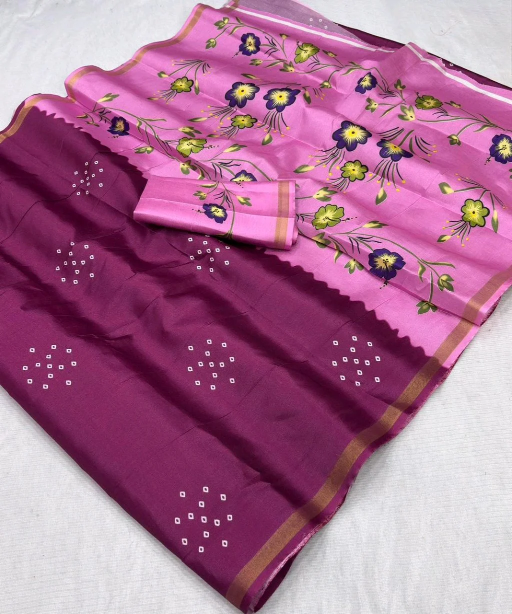 Pink and Maroon Floral Print Saree with Bandhani Dots