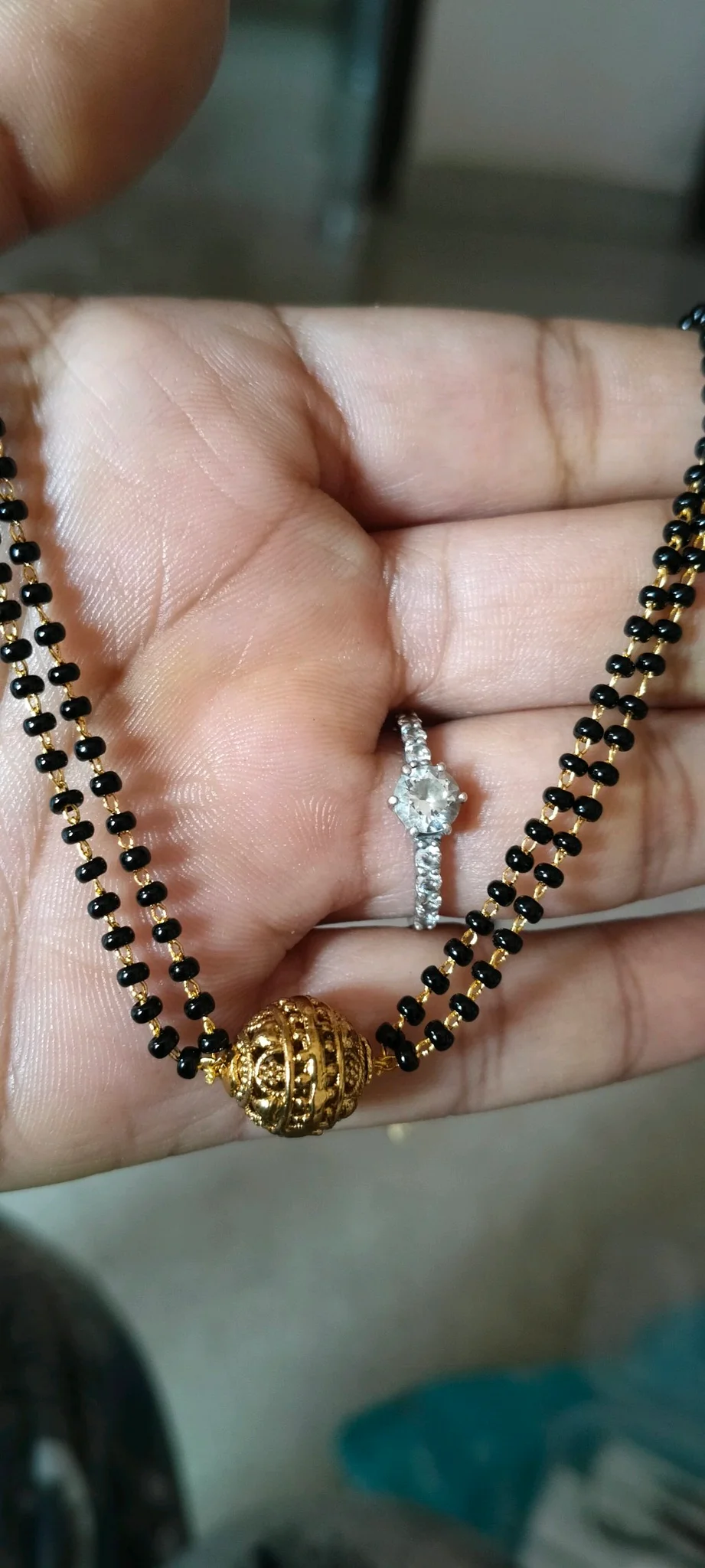 Gold Plated Double Strand Black Bead Mangalsutra with Ornate Pendant