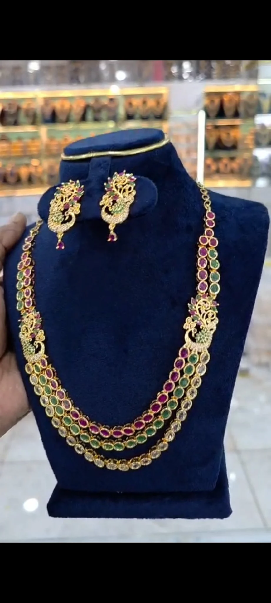 Gold Plated Peacock Design Necklace Set with Ruby and Emerald Stones