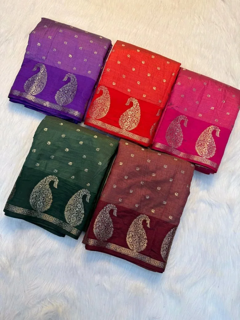 Soft Tusser  Silk Saree with Gold Zari Paisley Motifs 8