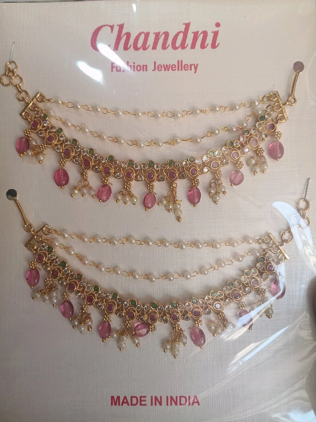 Chandni Fashion Jewellery Gold Tone Pink Stone Ear Chains