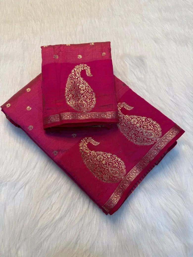 Soft Tusser  Silk Saree with Gold Zari Paisley Motifs 2