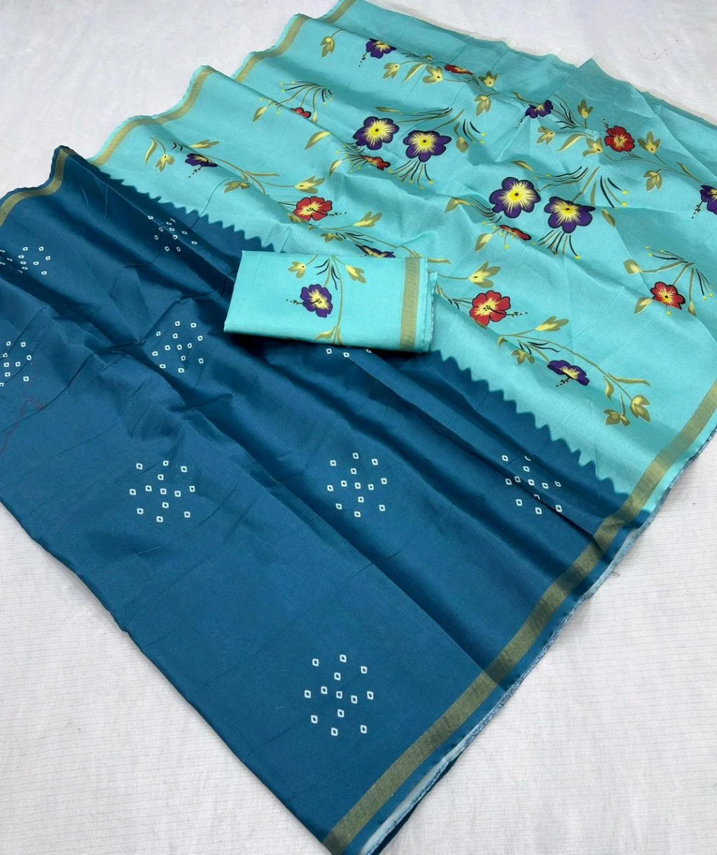 Teal and Aqua Floral Print Saree with Bandhini Design Small Zari Weaving Border Floral Print Blouse And Rich Pallu