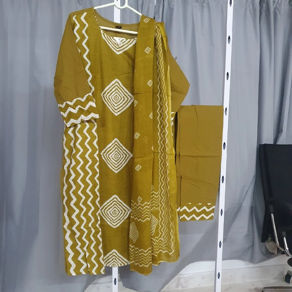 Mustard Yellow Block Print Cotton 3 Piece Readymade Suit 2