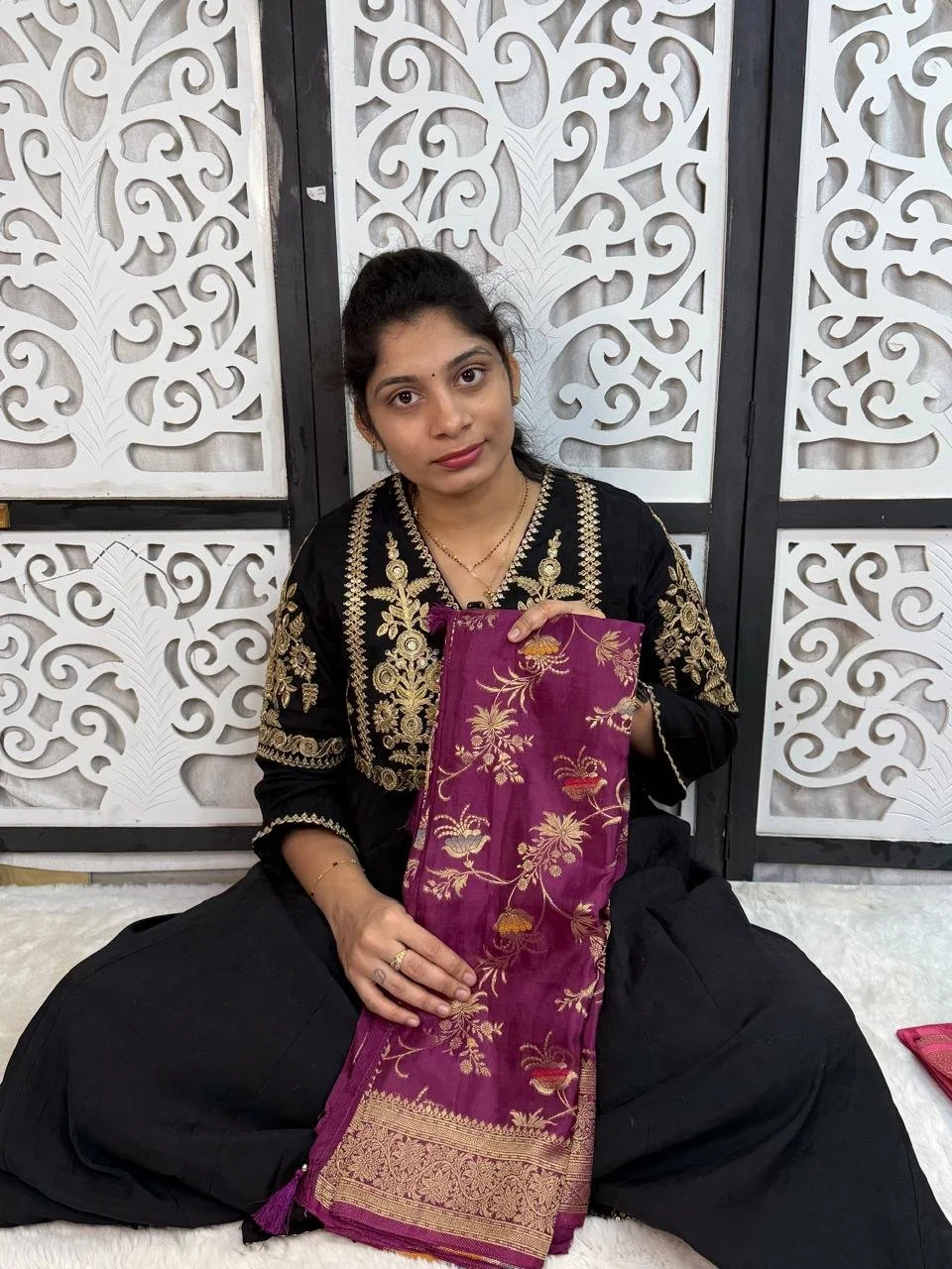 Purple Banarasi Silk Blend Fabric with Gold Zari Floral Weave thumbnail 1