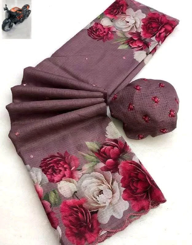 Soft Kota Floral Print Saree with Scalloped Border thumbnail 2