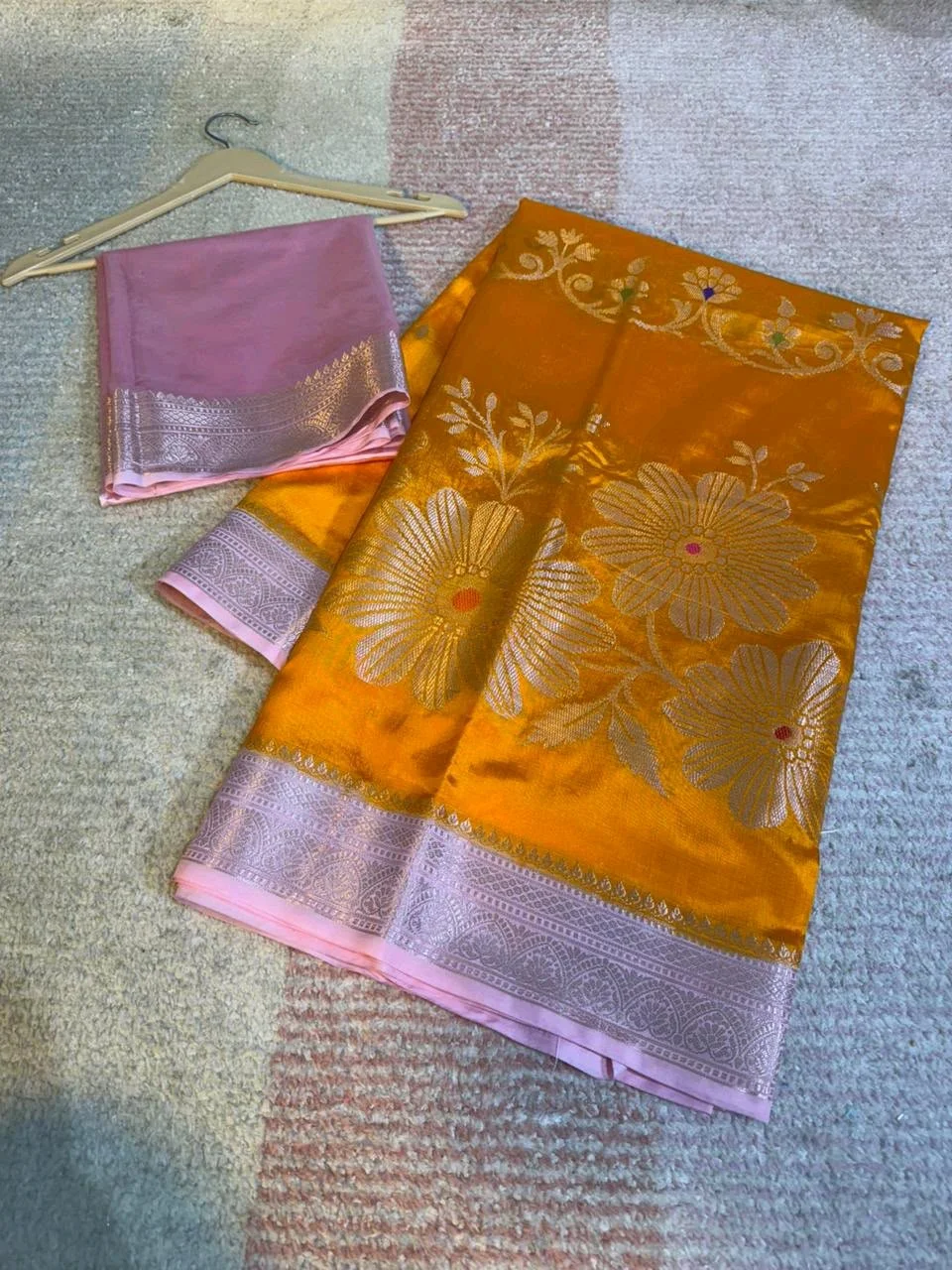 Red Silk Blend Saree with Teal Zari and Floral Design 5