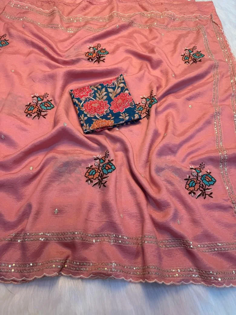 Crunchy Crush Teal Embroidered Saree with Floral Blouse Piece 4