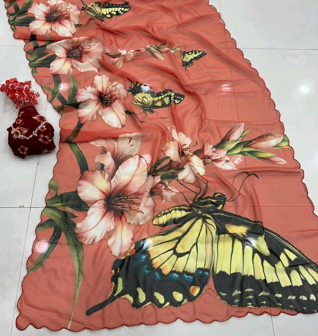 Chiffon  Floral Butterfly Print Saree with Scalloped Border 8