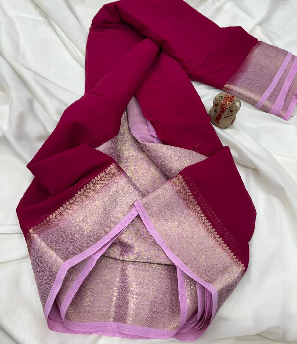 PURE PREMIUM GALA GEORGETTEFOR THIS FESTIVAL SEASONLAUNCHING PURE GALA GEORGETTE WITH CONTRAST BORDER N CONTRAST BROCADE BLOUSE WITH RICH PALLURICH N PURE FEEL GEORGETTE SINGLES N MUTILPLES@ 1350+FREESHIPBACK IN STOCKAVL IN MULTIPLESHIT AVL COLORS thumbnail 3