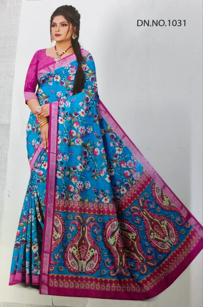 Blue Floral Saree with Pink Paisley Border thumbnail 1