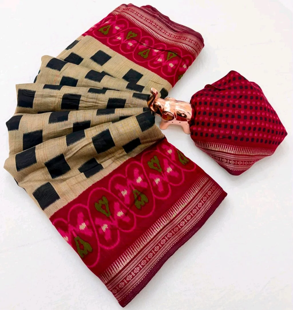 Beige and Black Ikat Print Saree with Red Checks thumbnail 6