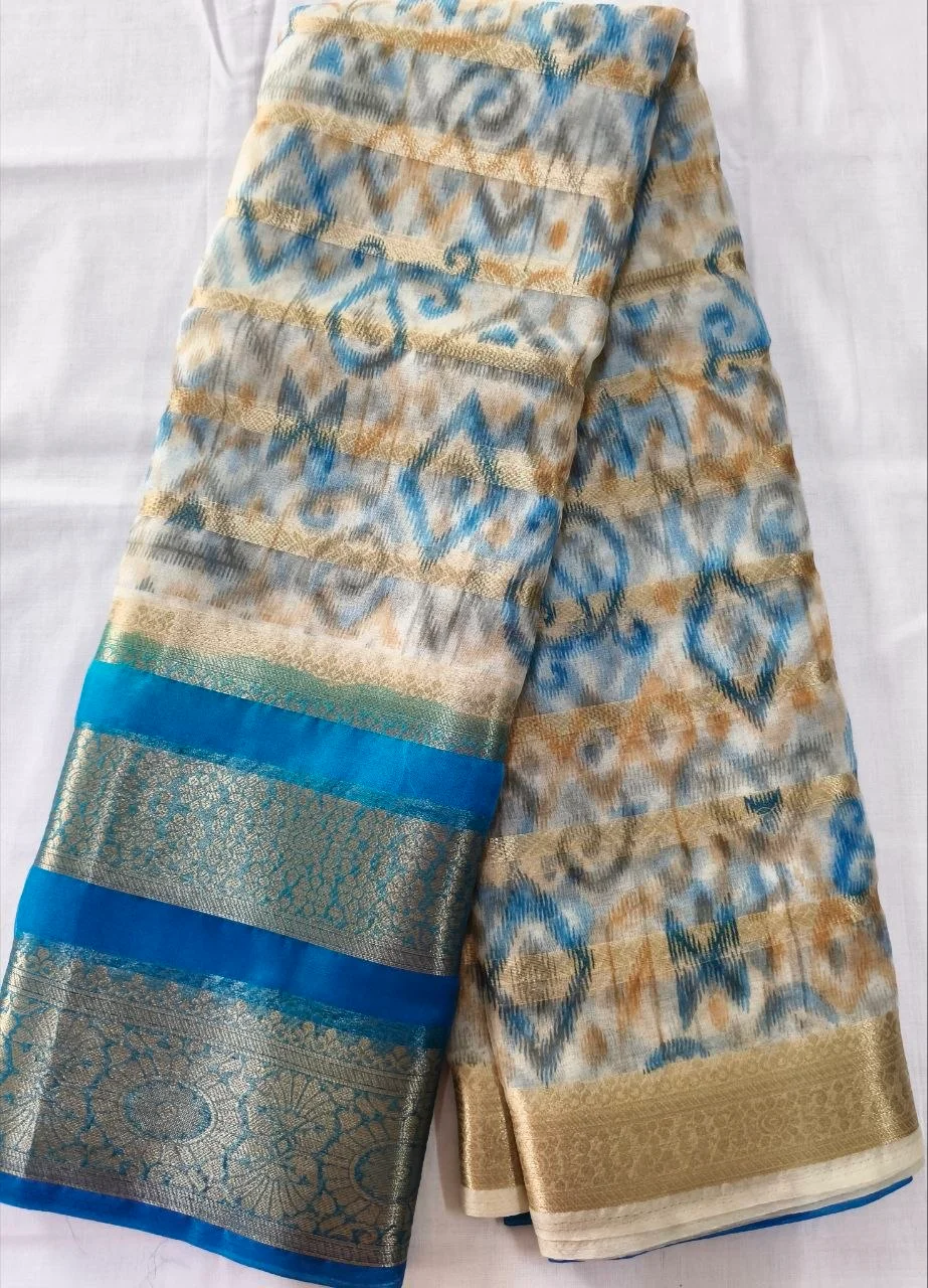 Ikat Pattern Saree with Blue and Gold Zari Border thumbnail 1