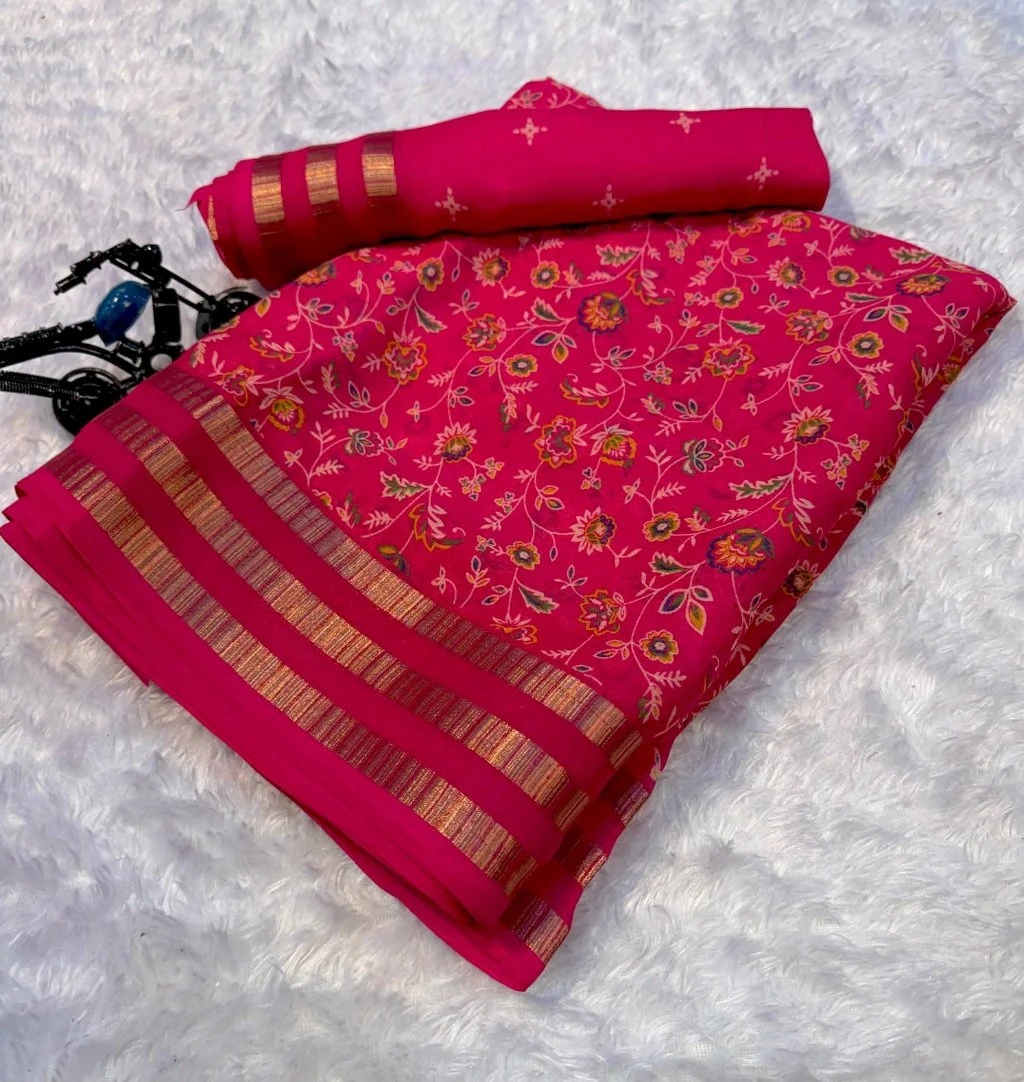 Teal Floral Print Saree with Zari Border thumbnail 5